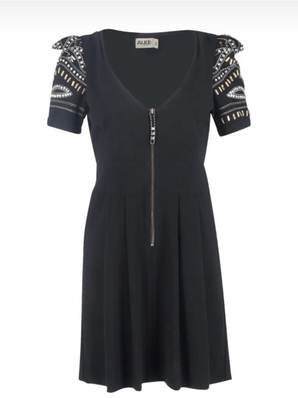 🔥 ALICE by Temperley Black V-Neck Zip Front Dress with Embellished Sleeves